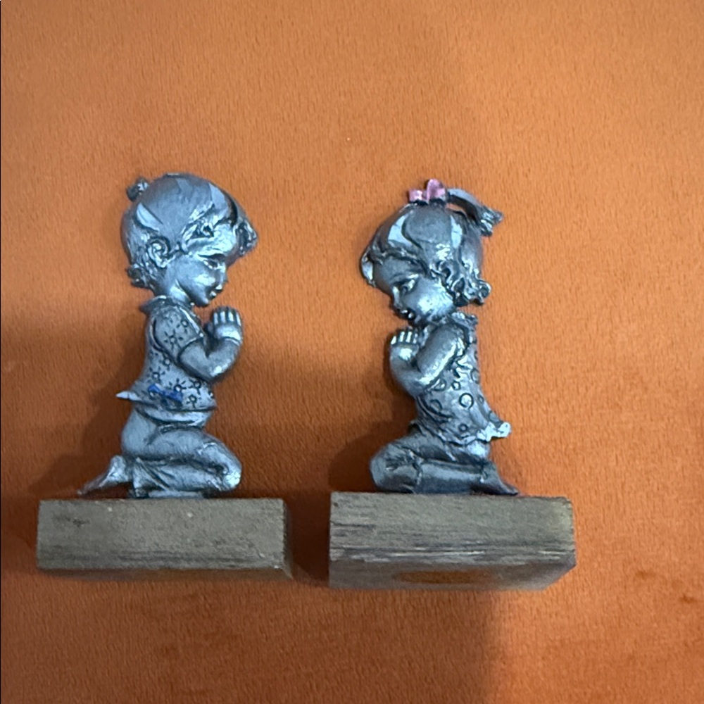 Pair of Peltro Cesellato a Mano Italy Pewter Figurines - Praying Boy & Girl